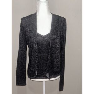 White and Warren 2pc Silk‎ Blend Tank Cardigan Black Silver Metallic Crop Sz Med